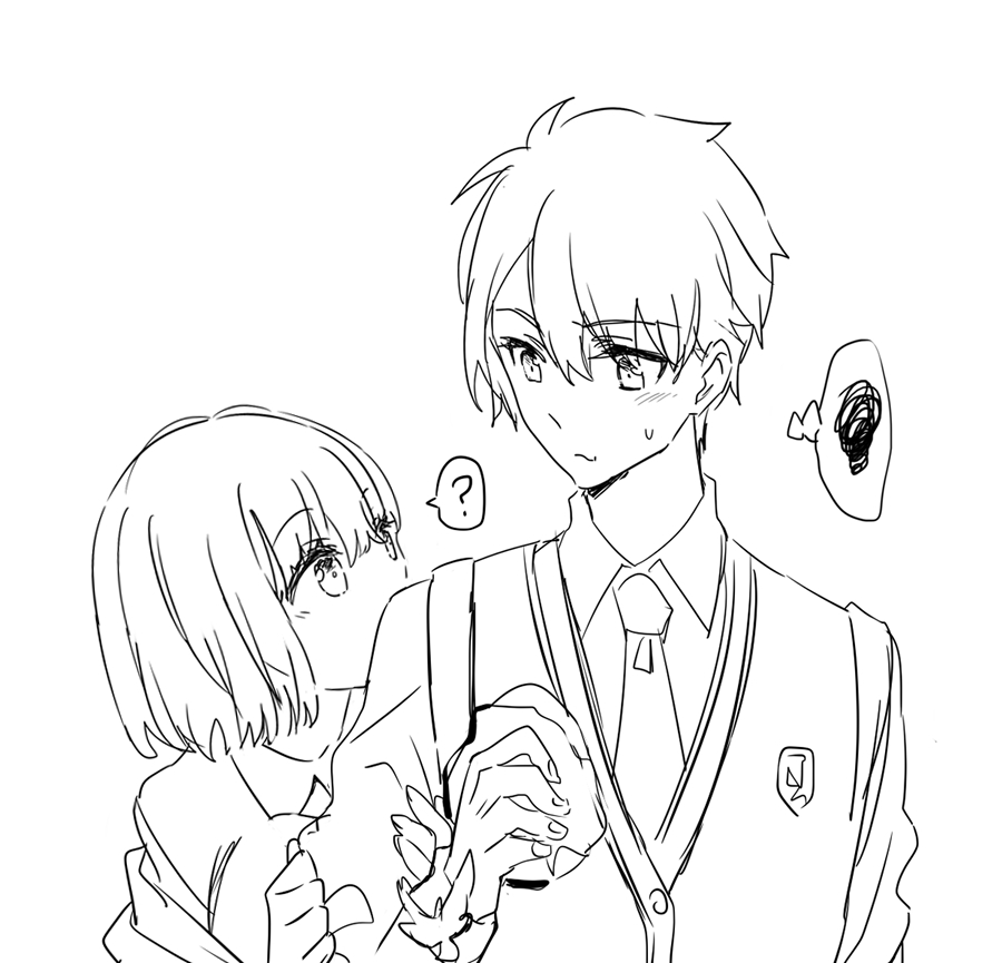 usamin (megumikira), shinjou akane, takarada rikka, gridman universe, ssss.gridman, commentary request, 1boy, 1girl, ?, arm hug, bob cut, buttons, chewing, closed mouth, couple, eye contact, food, genderswap, genderswap (ftm), greyscale, height difference, hetero, holding, holding food, light frown, lineart, looking at another, monochrome, necktie, off shoulder, profile, raised eyebrows, school emblem, school uniform, short hair, simple background, sketch, speech bubble, spoken question mark, spoken squiggle, squiggle, sweatdrop, thought bubble, turning head, very short hair, vest, white background, wing collar