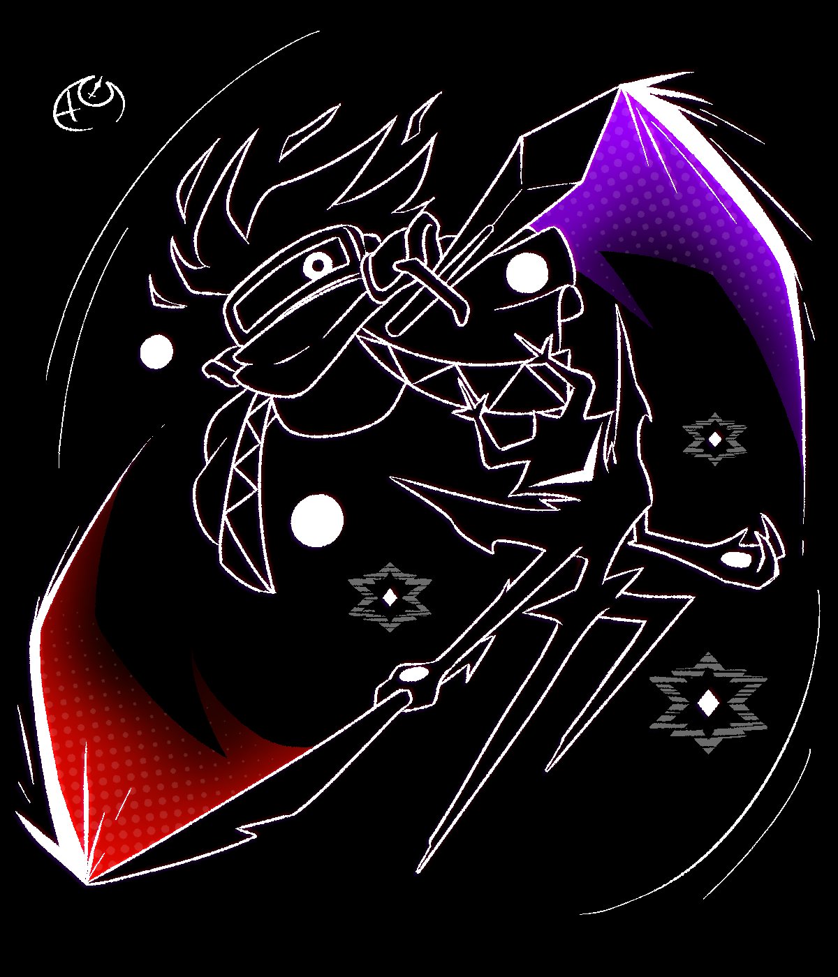 dark matter (kirby), dark matter blade, roaring knight, deltarune, kirby (series), nintendo, utdr (toby fox), commentary, english commentary, highres, abstract, black background, cape, crossover, efy727, horns, knight, mask, no humans, one-eyed, simple background, swinging weapon, sword, trait connection, weapon
