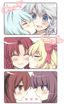yuki miya, yuki yuki, flandre scarlet, hong meiling, izayoi sakuya, koakuma, patchouli knowledge, remilia scarlet, embodiment of scarlet devil, touhou, bad id, bad pixiv id, lowres, 6+girls, :3, blue eyes, blush, closed eyes, female focus, head wings, heart, kiss, multiple girls, red eyes, ribbon, smile, white background, wings, yuri