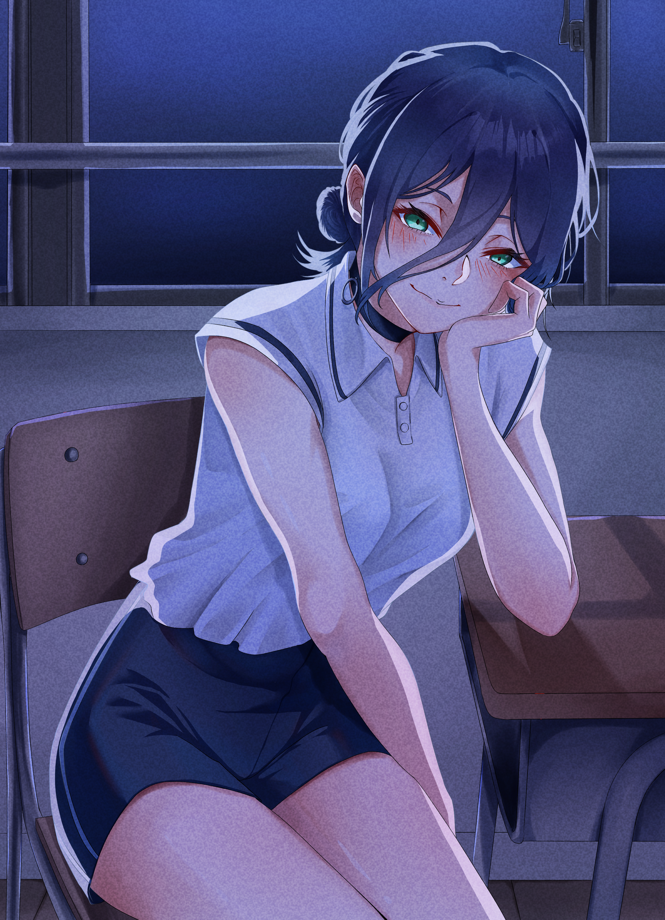 reze (chainsaw man), chainsaw man, absurdres, highres, 1girl, black choker, black hair, black shorts, chair, choker, classroom, closed mouth, desk, green eyes, grenade pin, hair between eyes, hand on own chin, head rest, indoors, on chair, polo shirt, school chair, school desk, shirt, shorts, sitting, smile, solo, user unss3857, white shirt, window