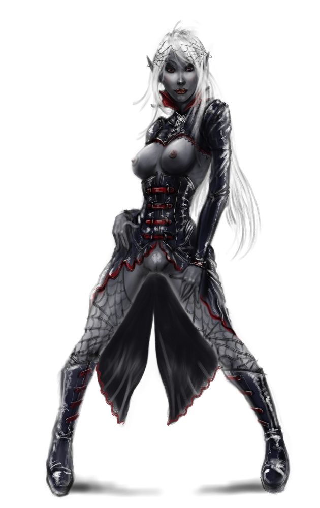 mlad, boots, breasts, dark elf, dark skin, elf, pointy ears, pubic hair, solo, white hair