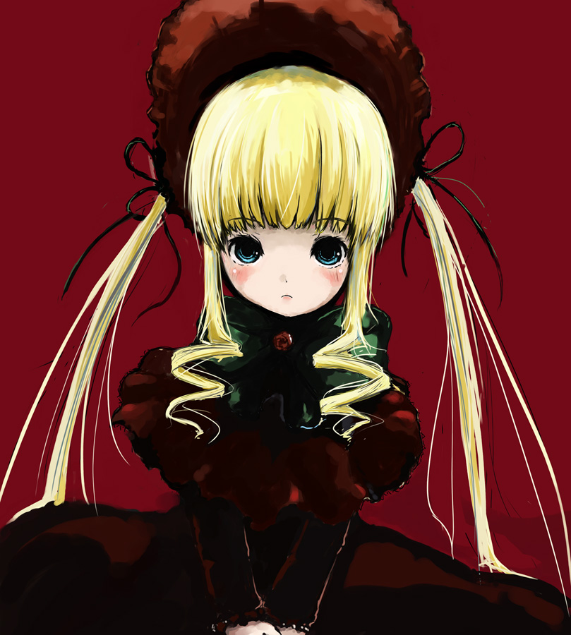 haruyuki, shinku, rozen maiden, bad id, bad pixiv id, 00s, blonde hair, blue eyes, bonnet, dress, drill hair, hair ribbon, long hair, ribbon, solo, twintails