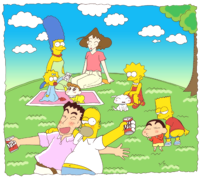 armcho, bart simpson, homer simpson, lisa simpson, maggie simpson, marge simpson, nohara himawari, nohara hiroshi, nohara misae, nohara shinnosuke, crayon shin-chan, the simpsons, 4boys, 5girls, ^ ^, age difference, alcohol, animal, artistic error, ass, baby, bald, beer, beer can, black hair, blonde hair, blue hair, blush, brown hair, can, child, closed eyes, cloud, colored skin, crossover, day, dog, dress, drink can, drunk, family, father and daughter, father and son, grass, happy, jewelry, long hair, looking at viewer, mooning, mother and daughter, mother and son, multiple boys, multiple girls, necklace, open mouth, orange hair, outdoors, pacifier, pants, picnic, shirt, short hair, sky, smile, t-shirt, thick eyebrows, tree, very long hair, yellow skin