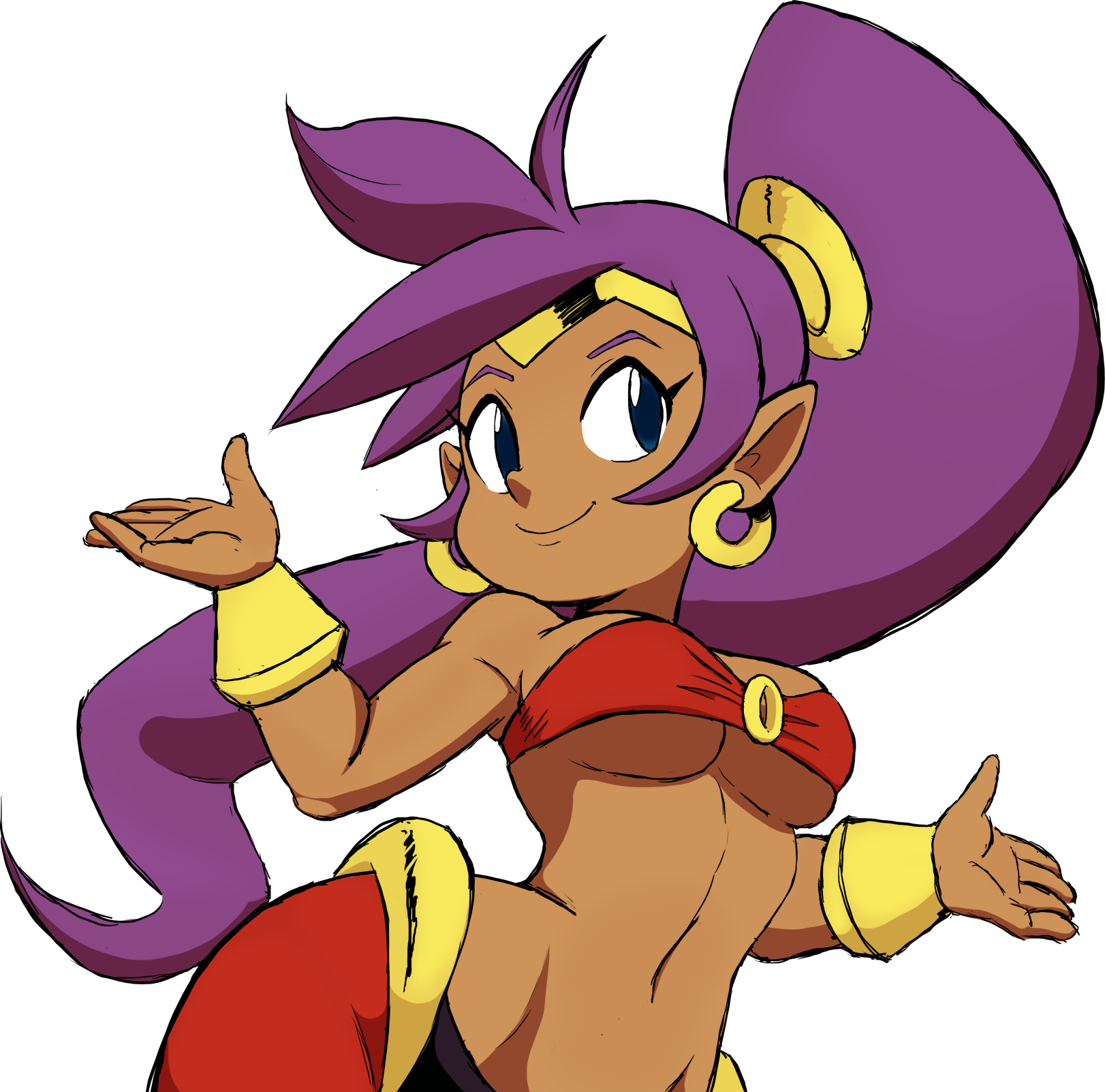 teevo, shantae, shantae (series), breasts, cleavage, cleft of venus, dark-skinned female, dark skin, earrings, gold earrings, hoop earrings, jewelry, midriff, navel, pointy ears, ponytail, purple eyes, purple hair, shrugging, underboob