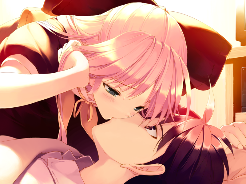 ueda ryou, mizumori minami, soshite ashita no sekai yori, game cg, 1boy, 1girl, bed, blush, bow, couple, eye contact, girl on top, hair bow, hetero, kiss, leaning forward, long hair, looking at another, lying, pink hair, ribbon, sunset, tucking hair