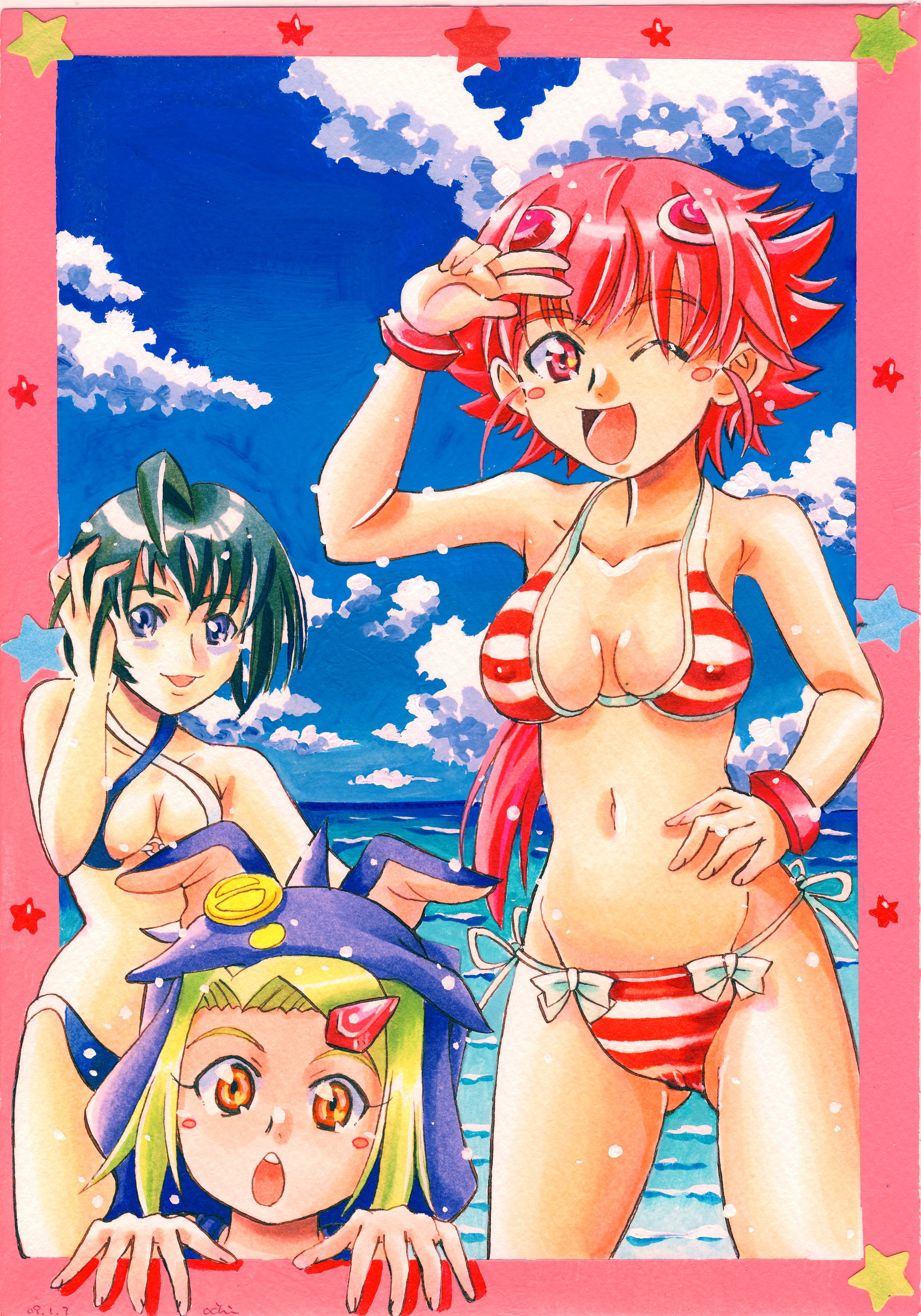 occhii, kannagi itsuki, shishidou akiha, shishidou sakura, sora wo kakeru shoujo, absurdres, highres, 00s, 3girls, ahoge, bikini, blue eyes, bracelet, breasts, cleavage, cloud, covered erect nipples, day, green hair, hair ornament, hood, jewelry, long hair, medium breasts, multiple girls, one eye closed, orange eyes, pink hair, short hair, side-tie bikini bottom, sky, striped bikini, striped clothes, swimsuit, v, water, wink
