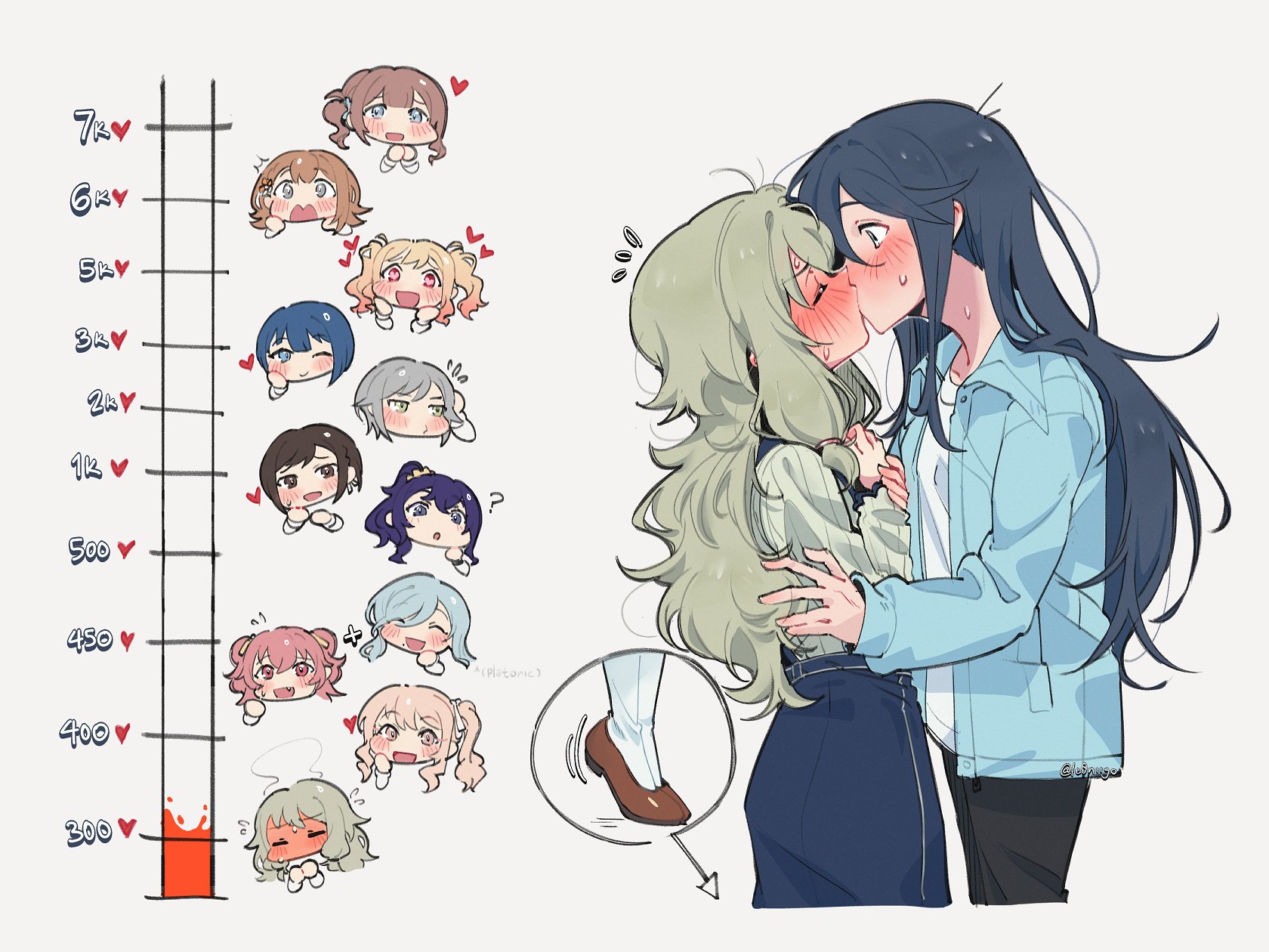 le0niigo, akiyama mizuki, asahina mafuyu, hanasato minori, hinomori shiho, hinomori shizuku, hoshino ichika (project sekai), kiritani haruka, kusanagi nene, mochizuki honami, momoi airi, shinonome ena, tenma saki, project sekai, commentary, highres, symbol-only commentary, 1other, 6+girls, black hair, black pants, blue eyes, blue hair, blue jacket, blue skirt, blush, brown eyes, brown hair, closed eyes, full-face blush, green eyes, green hair, grey eyes, grey hair, heart, heart-shaped pupils, jacket, kiss, kiss meter (meme), long hair, meme, mole, mole under mouth, multiple girls, open mouth, orange hair, pants, pink eyes, pink hair, purple eyes, purple hair, shirt, side ponytail, simple background, skirt, smile, sweat, symbol-shaped pupils, tiptoes, twintails, two side up, white background, white shirt, yuri