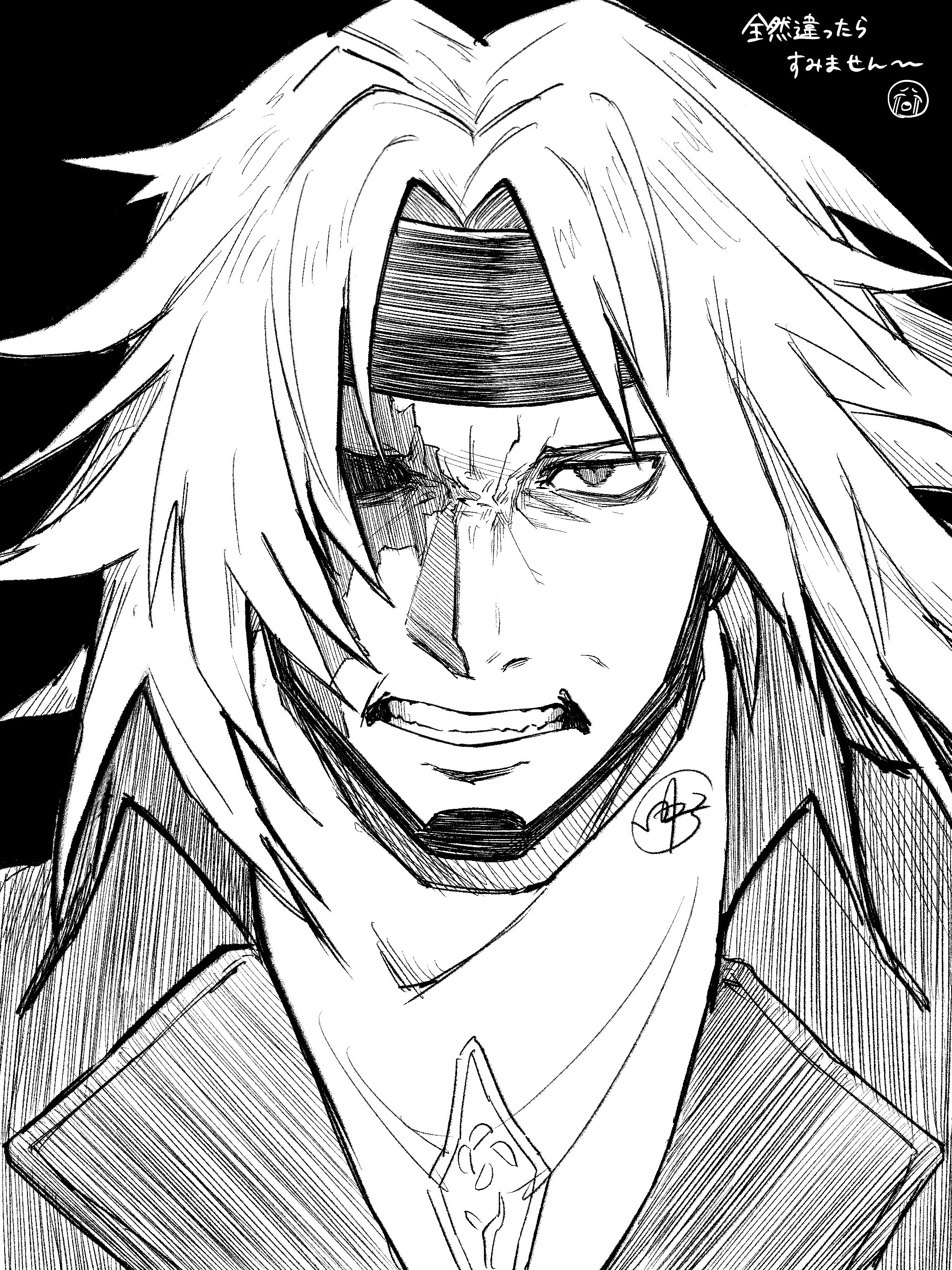 king leo (persona 2 tsumi), sudou tatsuya, persona, persona 2, persona 2 tsumi, absurdres, commentary request, highres, translation request, 1boy, black background, clenched teeth, greyscale, headband, long hair, looking at viewer, male focus, missing eye, monochrome, one-eyed, portrait, scar, scar on face, signature, simple background, solo, teeth, tnkmrcap