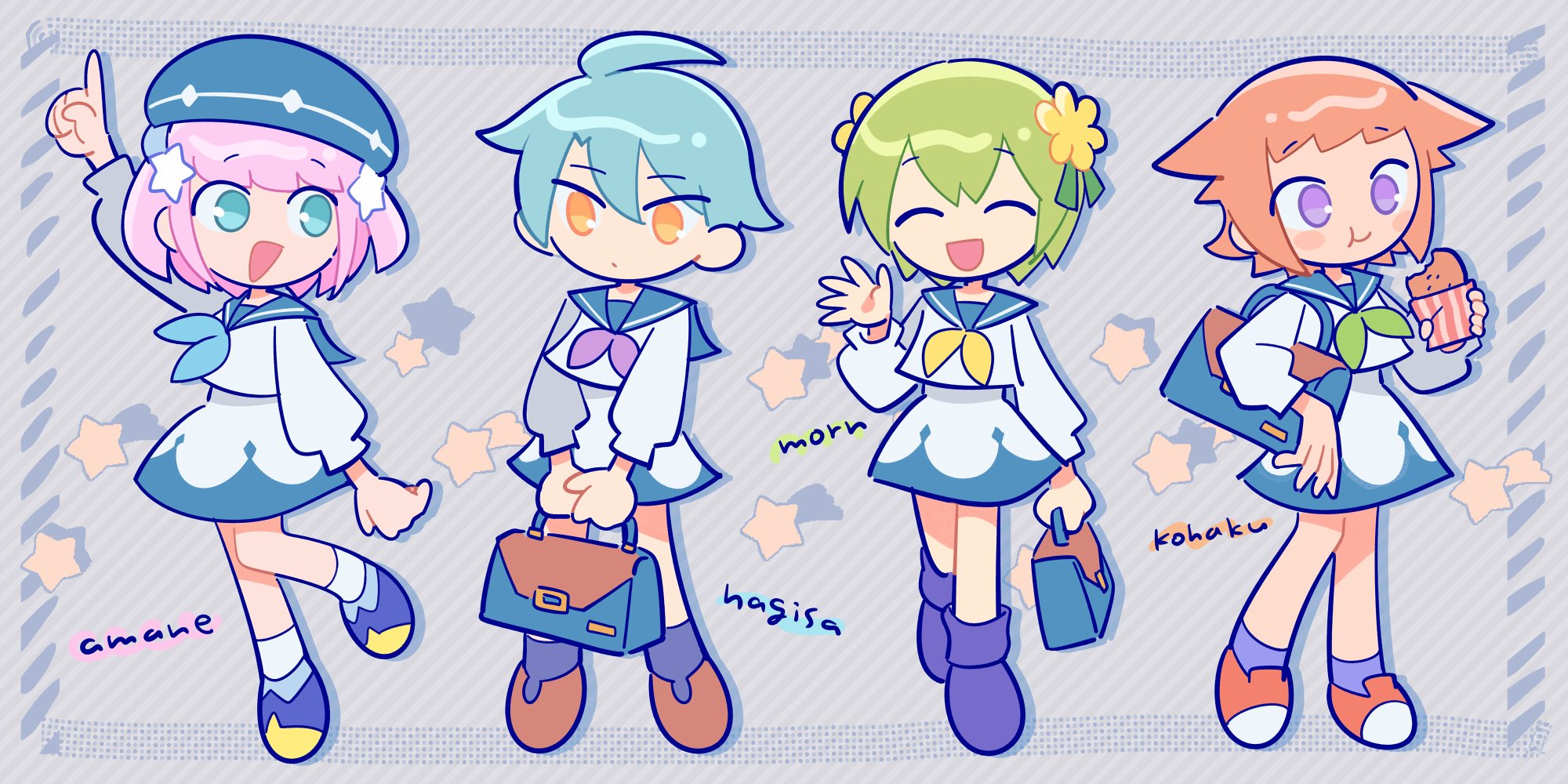 bone (stare), food request, highres, official art, 4girls, alternate costume, amane (pastel parade), aqua hair, bag, beret, black shoes, blue eyes, blue hat, blue neckerchief, blue sailor collar, blush stickers, brown shoes, character name, closed eyes, closed mouth, diagonal-striped background, eating, flower, food, green neckerchief, hair flower, hair ornament, hat, holding, holding bag, holding food, index finger raised, kohaku (pastel parade), morn (pastel parade), multiple girls, nagisa (pastel parade), neckerchief, open mouth, orange eyes, orange hair, pastel parade, pink hair, purple eyes, purple neckerchief, purple shoes, red shoes, sailor collar, school uniform, serafuku, shoes, short hair, skirt, socks, star (symbol), star hairband, striped background, tomboy, waving, white serafuku, white socks, yellow flower, yellow neckerchief