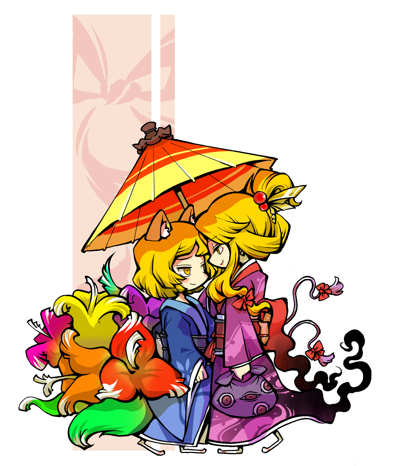 hounori, yakumo ran, yakumo yukari, touhou, highres, 2girls, alternate color, alternate costume, animal ears, bag, blonde hair, face-to-face, female focus, fox ears, fox tail, gap (touhou), hair ornament, hair up, japanese clothes, kimono, long hair, looking at another, multiple girls, no headwear, obi, oil-paper umbrella, rainbow order, sash, short hair, smile, tail, umbrella, white background