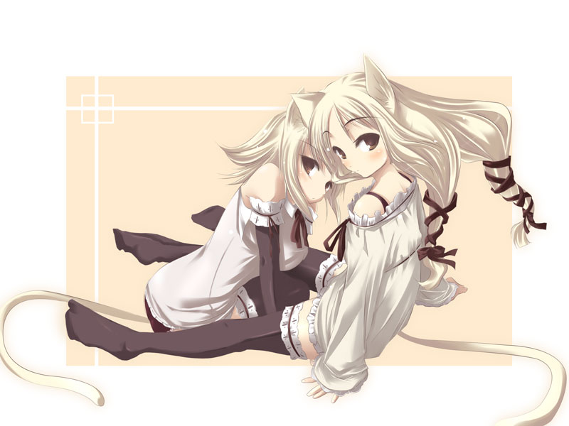 satomi (black scarecrow), 2girls, animal ears, blonde hair, blush, cat ears, multiple girls, tail, thighhighs