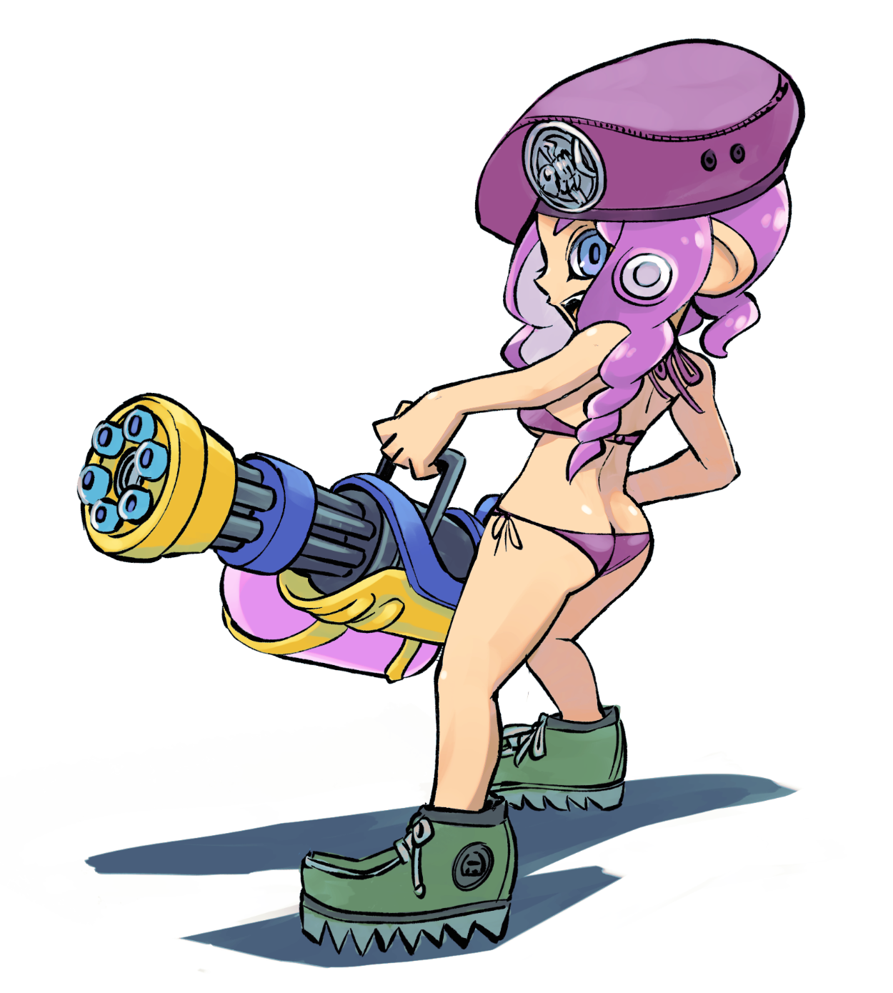 muramasa mikado, octoling girl, octoling player character, nintendo, splatoon (series), splatoon 3, commentary request, highres, 1girl, ass, beret, bikini, blue eyes, butt crack, from side, gatling gun, green shoes, gun, hat, holding, holding gun, holding weapon, long hair, mini splatling (splatoon), minigun, octoling, open mouth, purple bikini, purple hair, purple hat, shadow, shoes, side-tie bikini bottom, simple background, solo, standing, swimsuit, teeth, tentacle hair, weapon, white background
