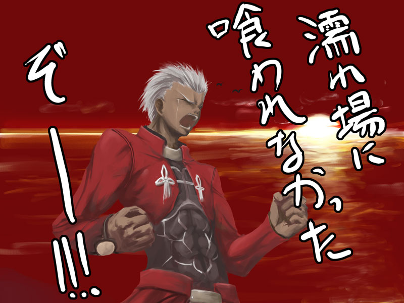 satomi (black scarecrow), archer (fate), fate/stay night, fate (series), type-moon, translation request, 00s, 1boy, dark-skinned male, dark skin, male focus, outdoors, sky, solo