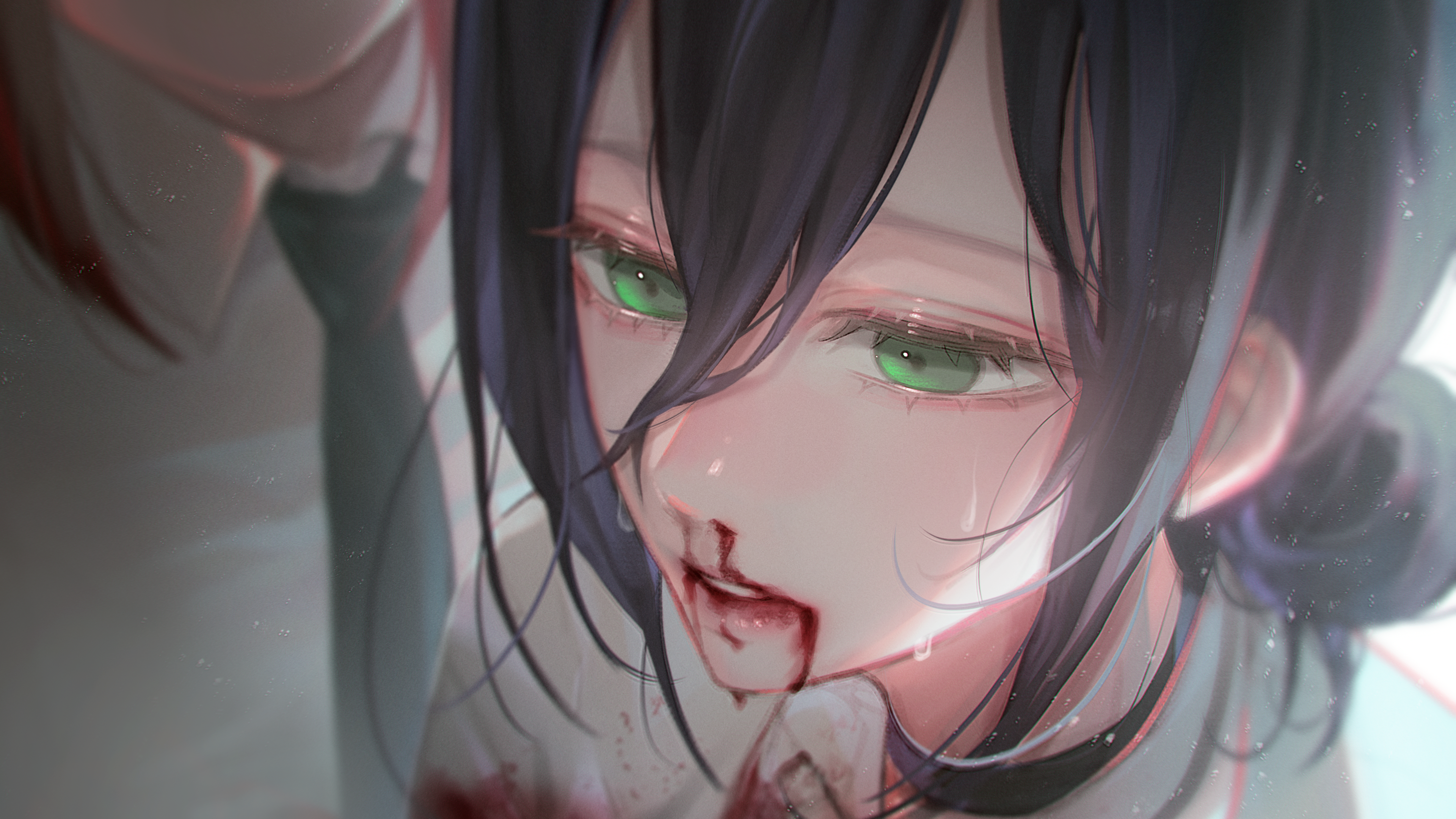 hen hen, makima (chainsaw man), reze (chainsaw man), chainsaw man, absurdres, highres, spoilers, 2girls, black choker, black hair, black necktie, blood, blood from mouth, blood on clothes, choker, green eyes, hair between eyes, hair bun, imminent death, multiple girls, necktie, nosebleed, red hair, sweat