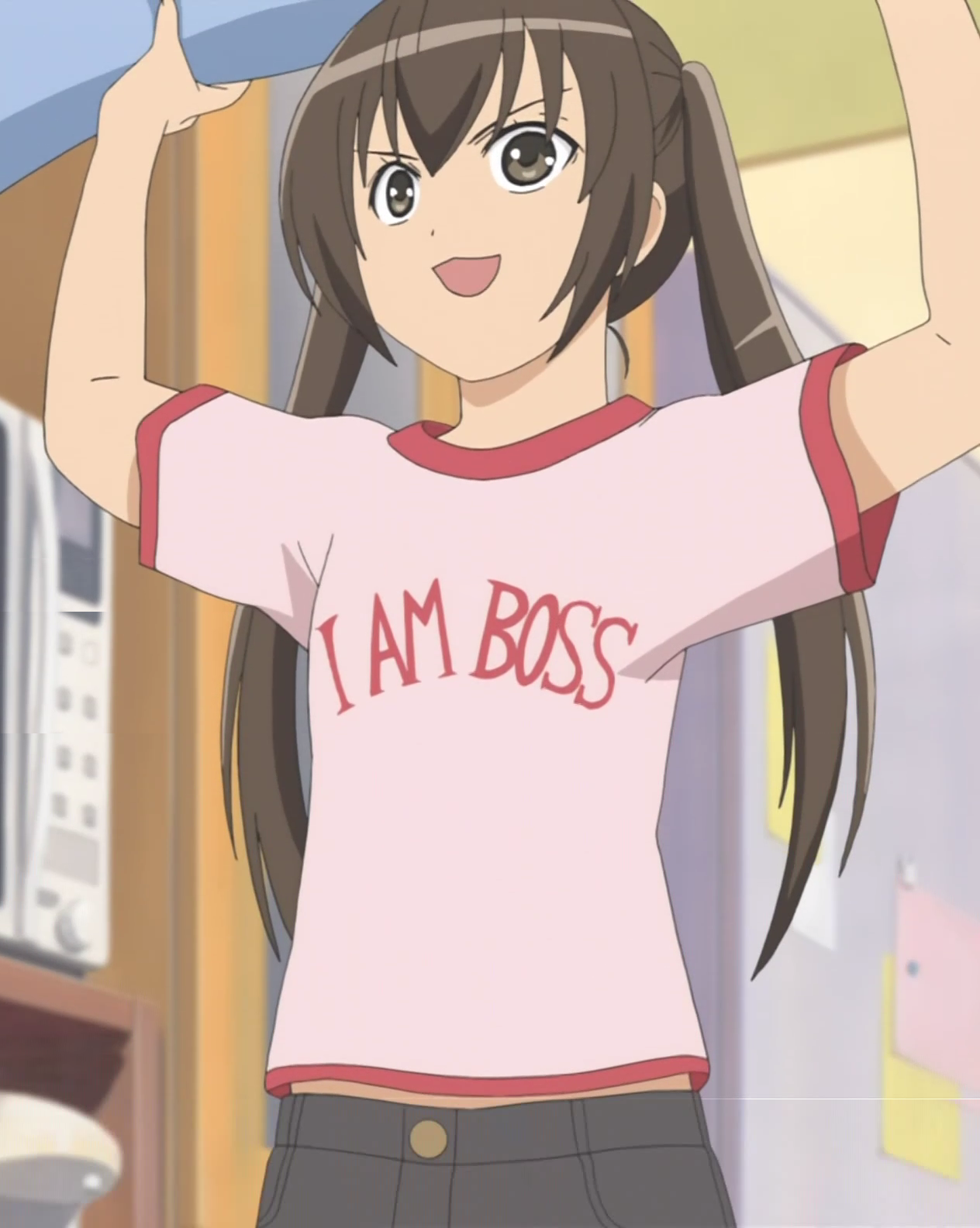 minami kana, minami-ke, anime screenshot, highres, stitched, third-party edit, >:d, 00s, 1girl, :d, arms up, brown eyes, brown hair, chestnut mouth, female focus, flat chest, i am boss, long hair, magnet, microwave, open mouth, pants, pink shirt, refrigerator, shelf, shirt, smile, solo, twintails, v-shaped eyebrows
