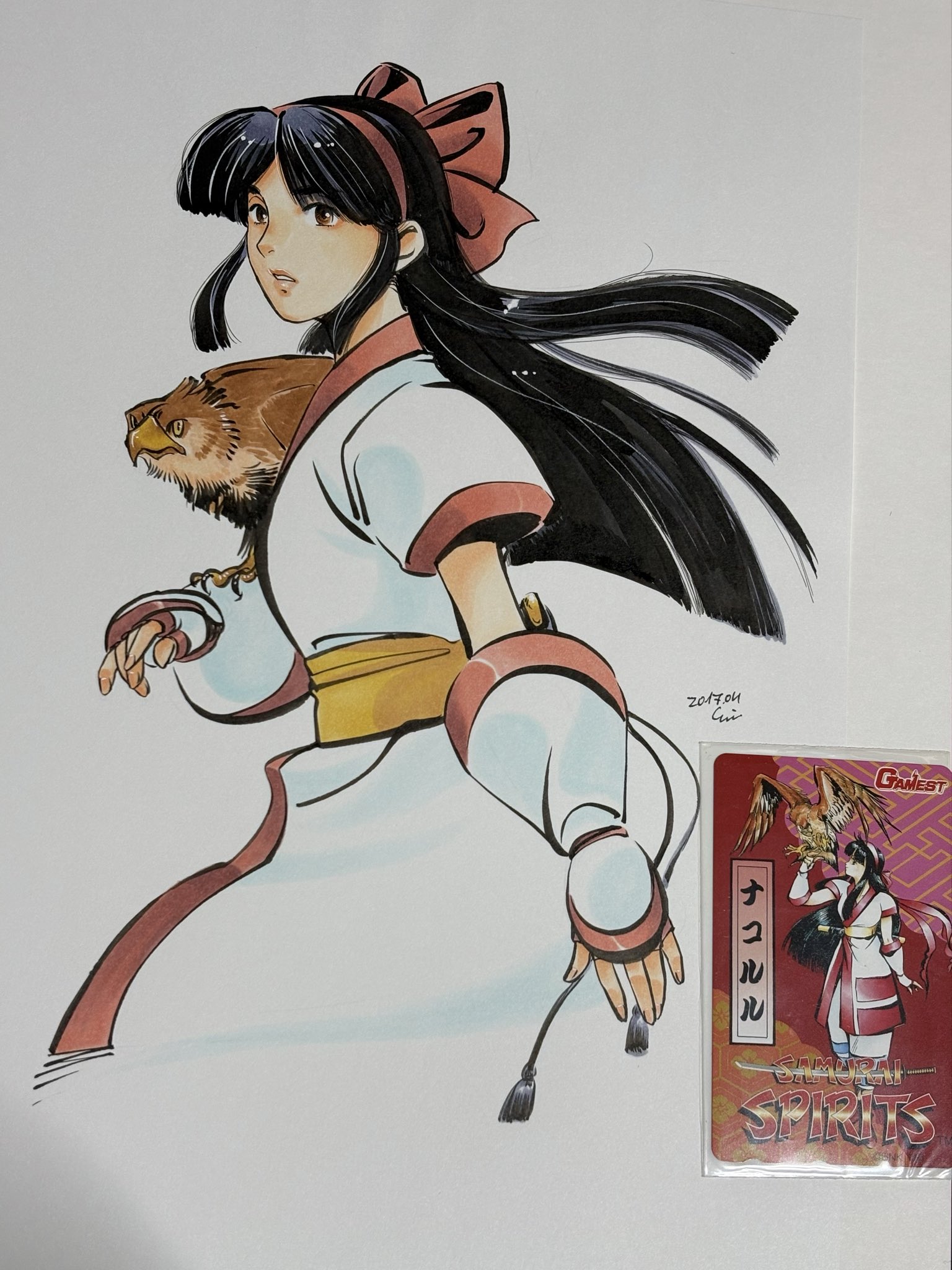 mamahaha, nakoruru, samurai spirits, snk, the king of fighters, highres, traditional media, 1girl, ainu clothes, artist name, black hair, breasts, brown eyes, dated, fingerless gloves, from side, gloves, hair ribbon, legs, lipstick, long hair, looking at viewer, makeup, parted lips, ribbon, small breasts, teeth, thighs, weapon