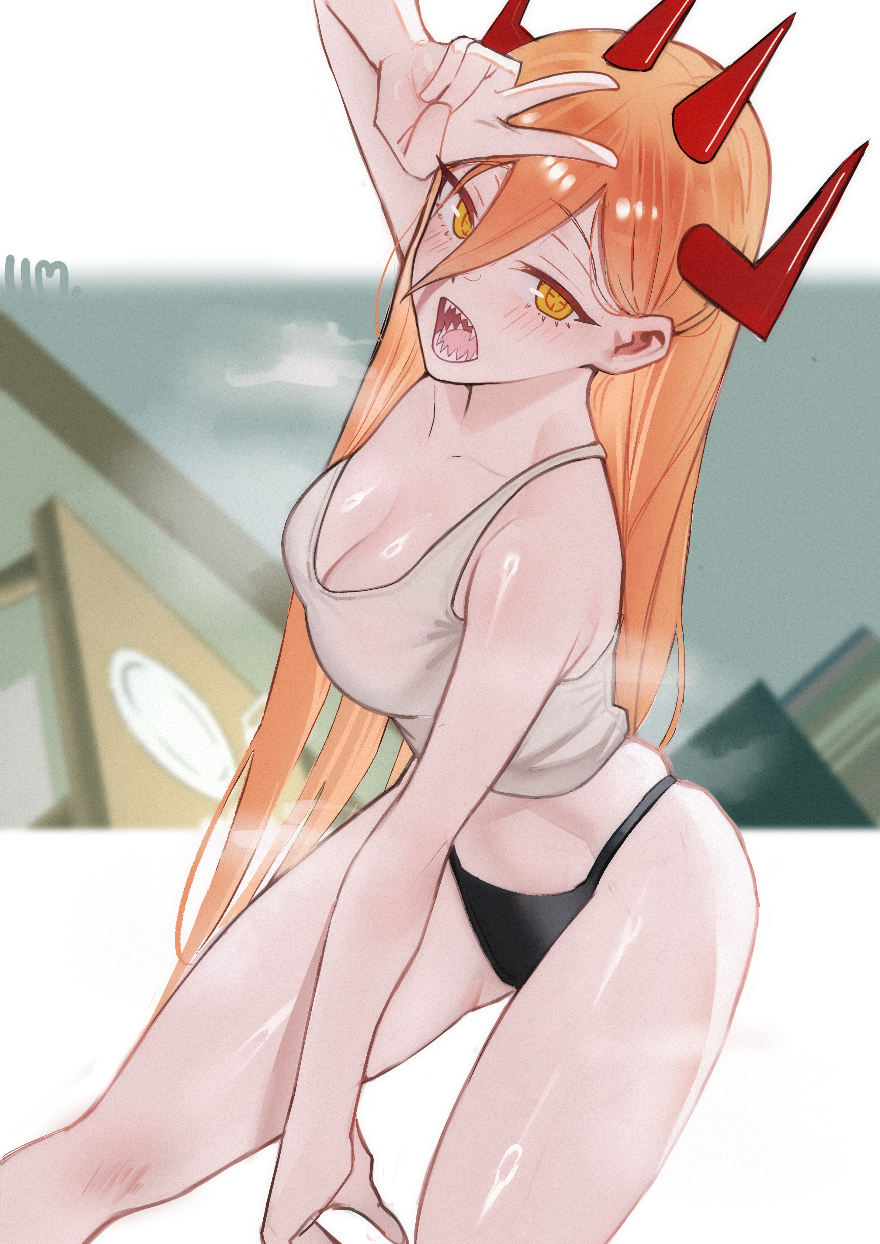 power (chainsaw man), chainsaw man, absurdres, highres, 1girl, 1im illus, black panties, blonde hair, breasts, cleavage, demon girl, demon horns, grey tank top, hair between eyes, hand up, horns, large breasts, leaning forward, long hair, long hair between eyes, looking at viewer, multiple horns, open mouth, panties, red horns, sharp teeth, solo, tank top, teeth, underwear, v, very long hair, yellow eyes