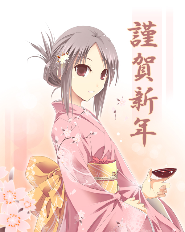 satomi (black scarecrow), 1girl, alcohol, cup, female focus, flat chest, floral print, flower, hair ornament, hairpin, japanese clothes, kimono, kneeling, obi, pink hair, red eyes, sakazuki, sake, sash, solo