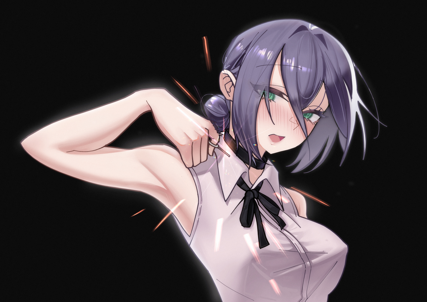 reze (chainsaw man), chainsaw man, 1girl, 1im illus, armpits, black background, black choker, black hair, black ribbon, choker, green eyes, grey shirt, light blush, neck ribbon, ribbon, shirt, sleeveless, sleeveless shirt, solo, sparks