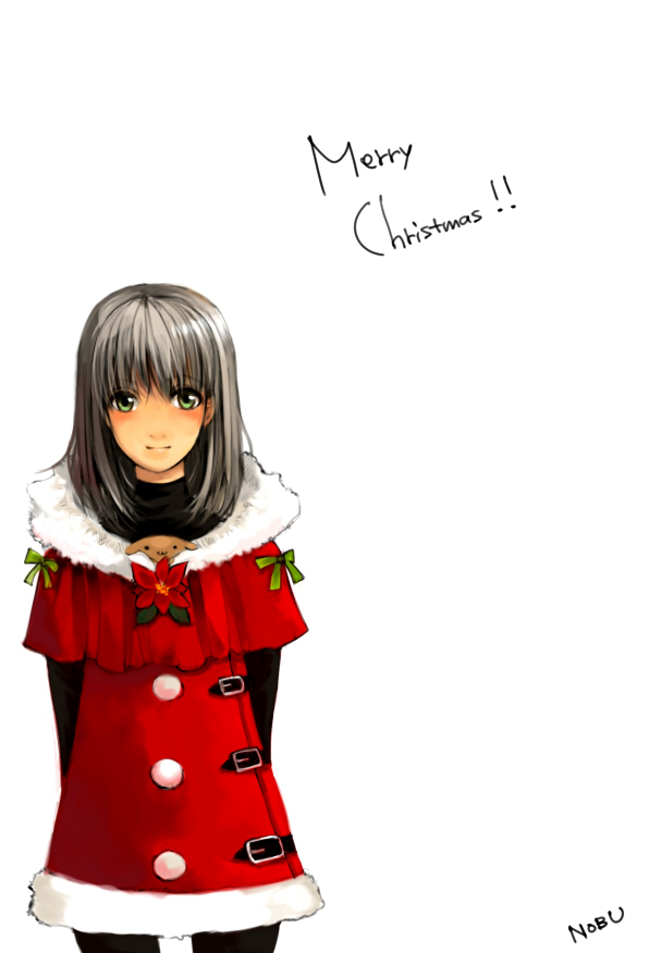 nobusnow, silver hair, 1girl, arms behind back, capelet, christmas, female focus, green eyes, pantyhose, santa costume, solo