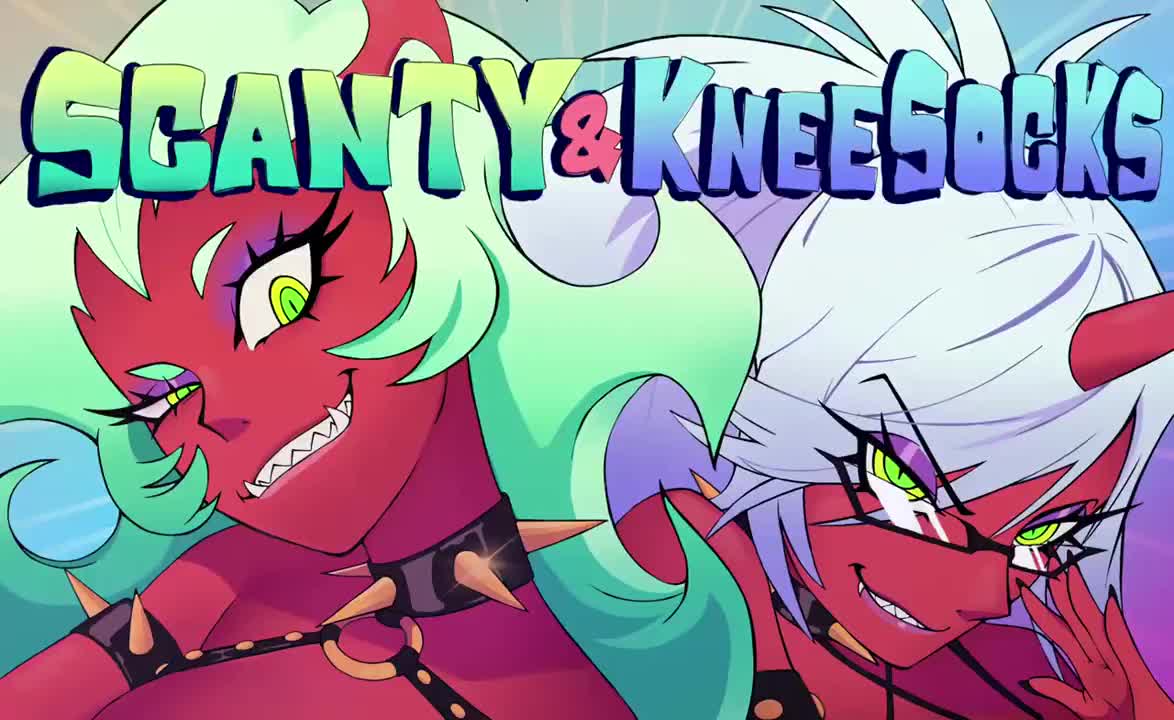 danidani1237123, kneesocks (psg), scanty (psg), panty & stocking with garterbelt, animated, commentary, hashtag-only commentary, video, 2girls, adjusting eyewear, blinking, blue hair, character name, choker, colored skin, demon girl, demon horns, evil grin, evil smile, eyeshadow, fangs, fangs out, green hair, green pupils, grin, head tilt, horns, long hair, looking at viewer, makeup, multiple girls, nail polish, o-ring, o-ring top, ponytail, purple eyeshadow, red skin, ringed eyes, semi-rimless eyewear, siblings, slit pupils, smile, spiked choker, spikes, swept bangs, upper body, v-shaped eyebrows