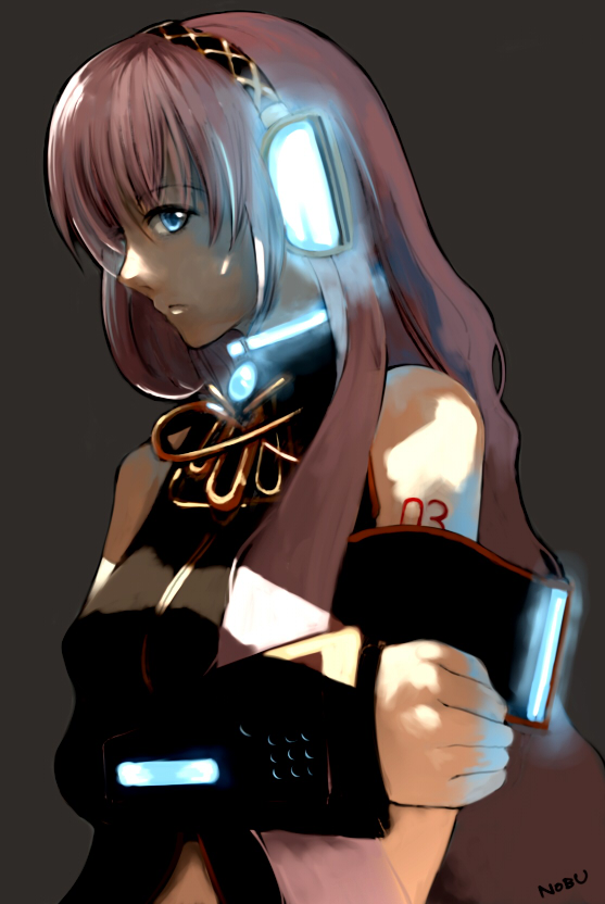 nobusnow, megurine luka, vocaloid, bad id, bad pixiv id, 1girl, artistic error, blue eyes, extra digits, female focus, glowing, headphones, long hair, pink hair, solo