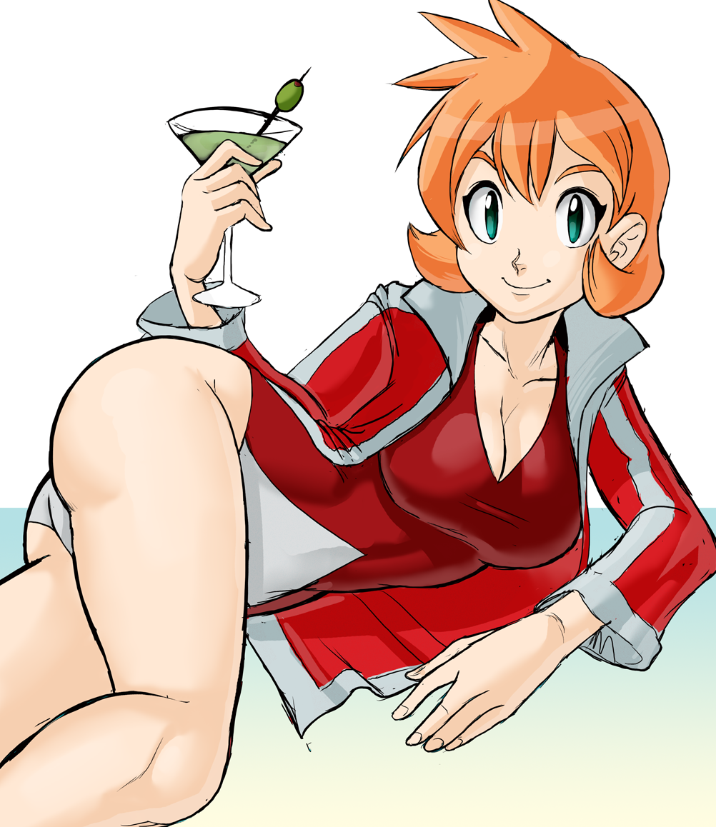 teevo, misty (pokemon), nintendo, pokemon, pokemon gsc, ass, blue eyes, breasts, cleavage, cocktail glass, cup, drinking glass, jacket, jacket over swimsuit, large breasts, looking at viewer, lying, olive, on side, one-piece swimsuit, red hair, short hair, swimsuit