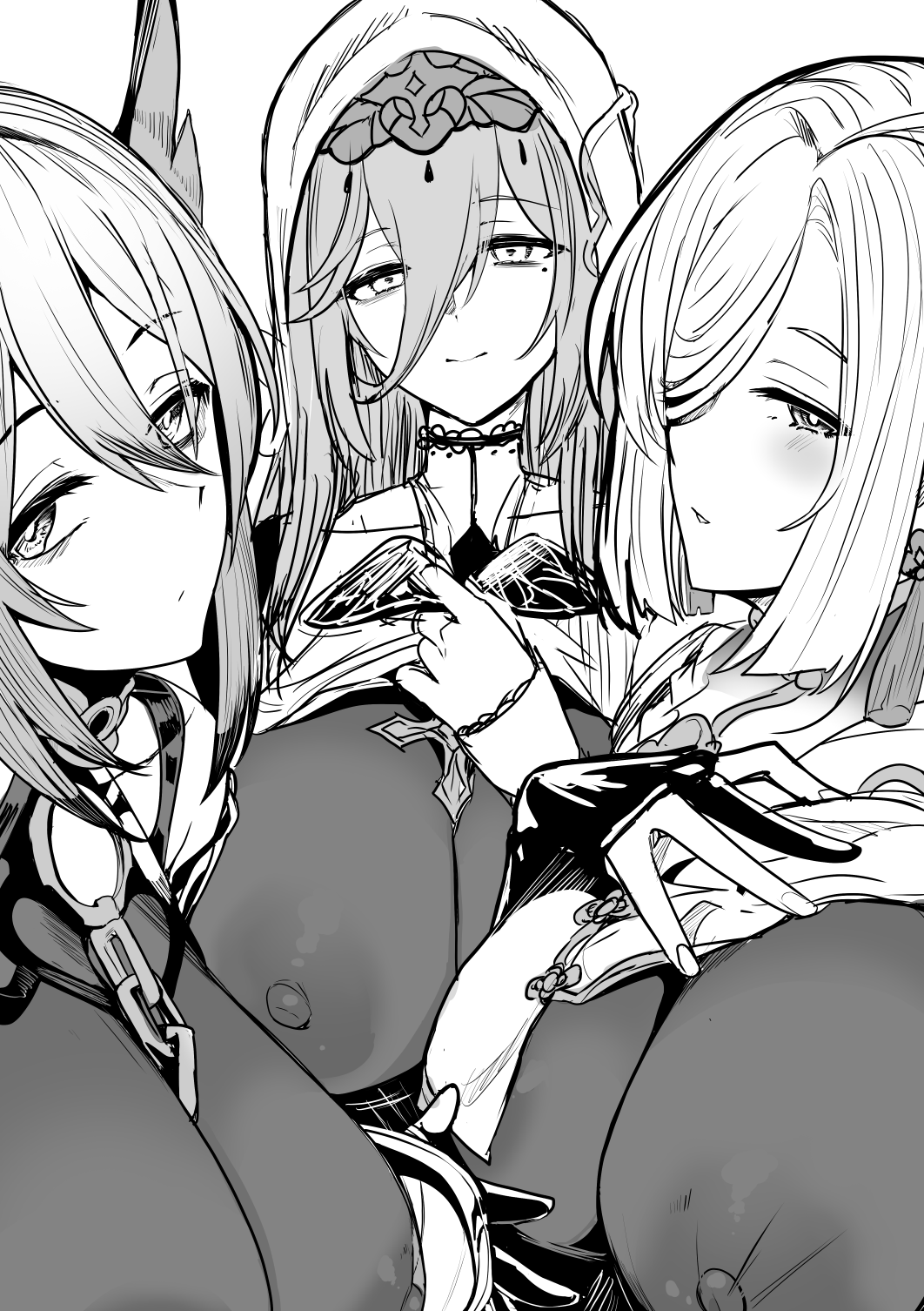 upanishi mariko, aponia, hanya (honkai: star rail), shenhe (genshin impact), genshin impact, honkai: star rail, honkai (series), honkai impact 3rd, mihoyo, commentary request, highres, 3girls, bags under eyes, breasts, company connection, cross, cross necklace, dress, gloves, greyscale, jewelry, large breasts, looking at viewer, mole, mole under eye, monochrome, multiple girls, necklace, nipples, nun, partially fingerless gloves, see-through clothes, short hair, smile, veil