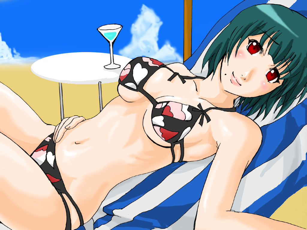 red p (redfrogsplash), otonashi kotori, idolmaster, idolmaster (classic), idolmaster 1, 00s, 1girl, beach, bikini, blush, breasts, day, female focus, green hair, medium breasts, mole, mole under mouth, outdoors, red eyes, short hair, sky, smile, solo, string bikini, swimsuit, underboob