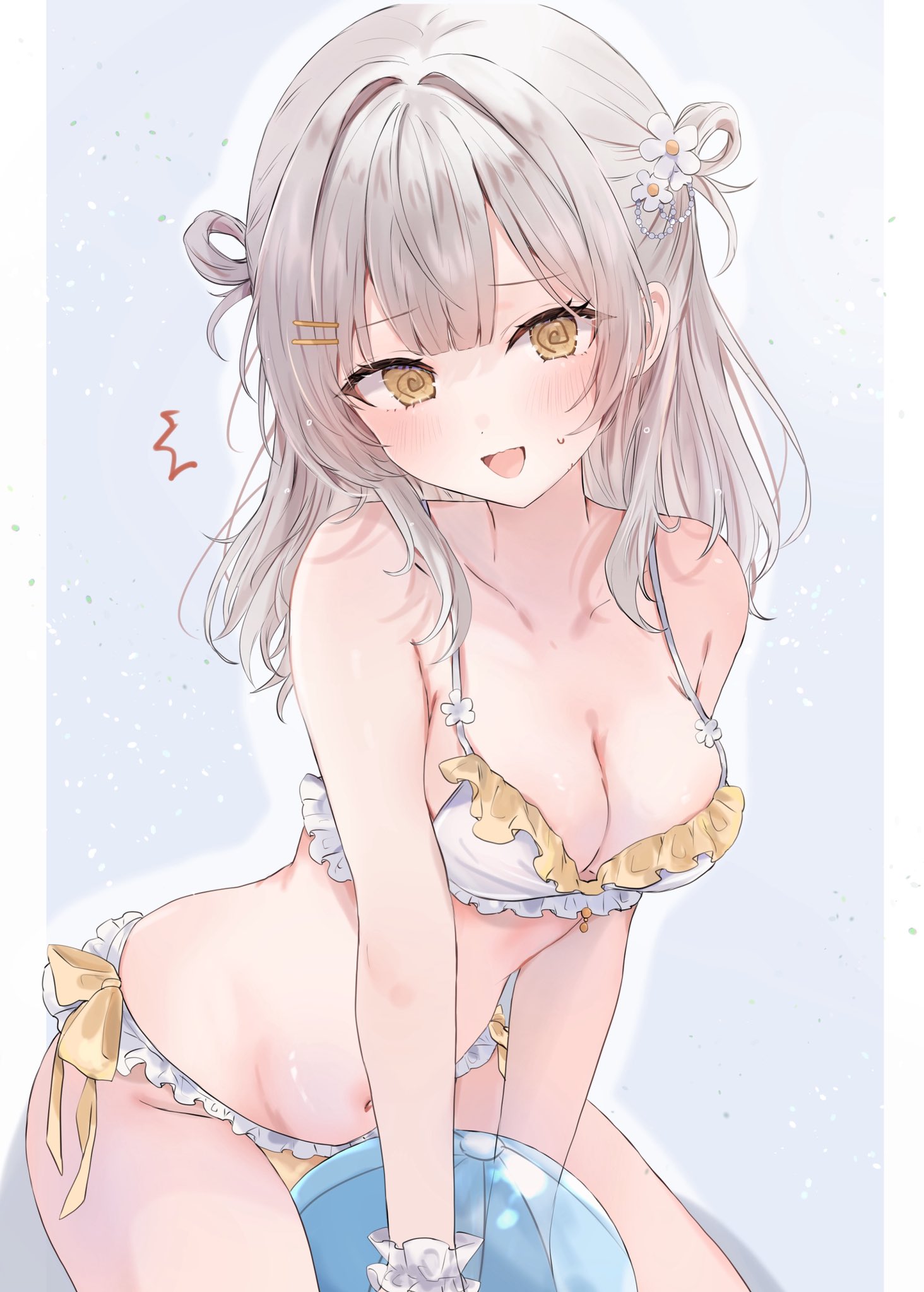 maruro, takeuchi yuzuri, omaera hayaku kekkon shiro yo!, commentary, highres, symbol-only commentary, variant set, 1girl, :d, @ @, ^^^, ball, bare arms, bare shoulders, beachball, between legs, between thighs, bikini, blush, border, breasts, center-flap bangs, cleavage, collarbone, cowboy shot, double-parted bangs, flower, flustered, frilled bikini, frilled wrist cuffs, frills, furrowed brow, grey background, grey hair, groin, hair flower, hair ornament, hair rings, hairclip, hand between legs, long hair, looking at viewer, medium breasts, navel, nervous smile, open mouth, parallel hairclips, ribbon, side-tie bikini bottom, side up ring, simple background, sitting, smile, solo, stomach, sweatdrop, swimsuit, white bikini, white border, white flower, white wrist cuffs, wrist cuffs, yellow bikini, yellow eyes, yellow ribbon