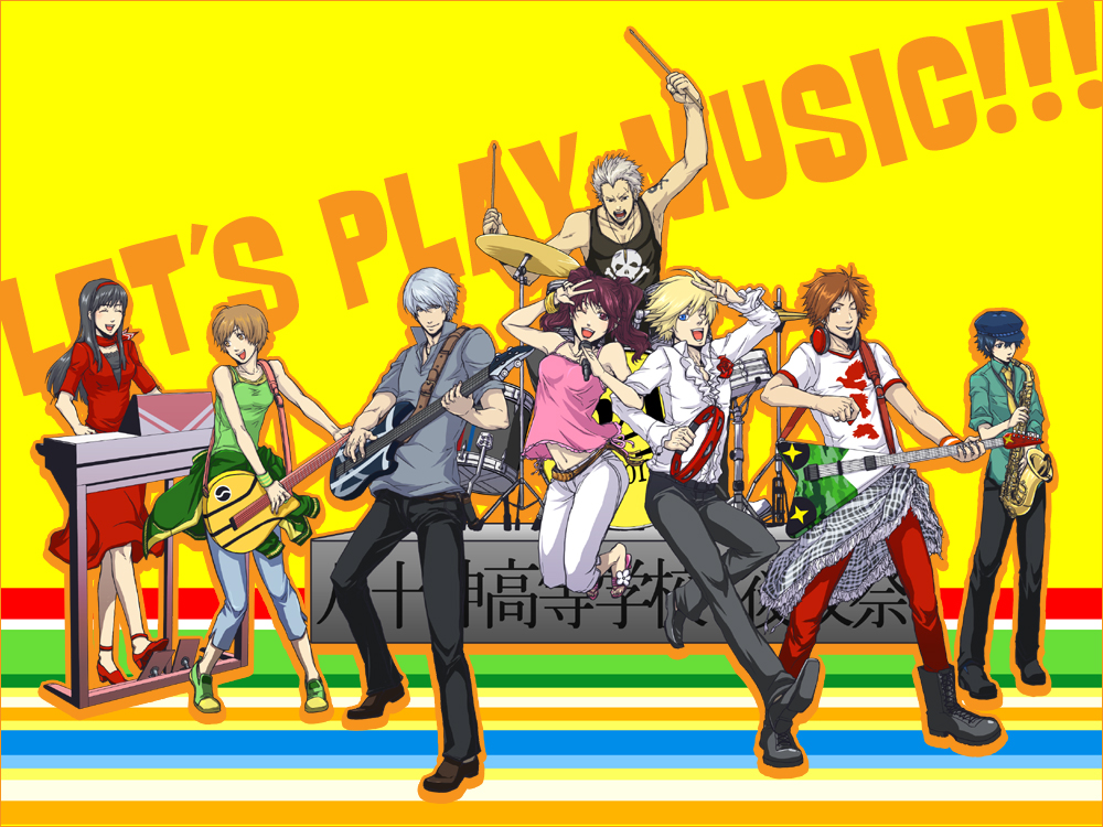 kzhr, amagi yukiko, hanamura yousuke, kujikawa rise, kuma (persona 4), narukami yu, satonaka chie, shirogane naoto, tatsumi kanji, atlus, persona, persona 4, silver hair, 4boys, 4girls, androgynous, band (music), black hair, blue hair, brown hair, collared shirt, drum, drum set, everyone, full body, guitar, instrument, keyboard (instrument), looking at viewer, multiple boys, multiple girls, saxophone, shirt, short sleeves, simple background, standing, t-shirt, tambourine, white background