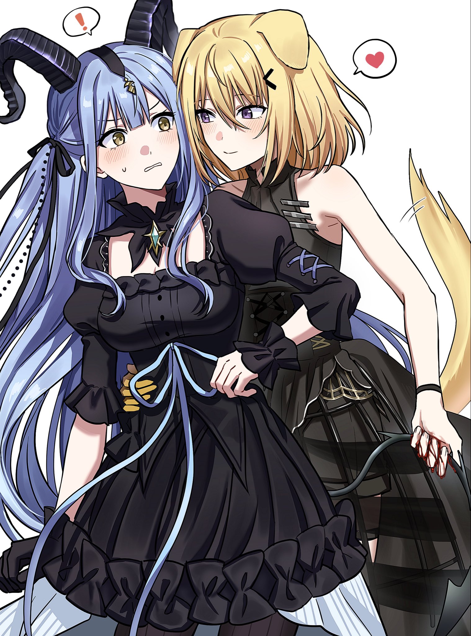 meomeo0303, misumi uika, misumi uika (caged singer), togawa sakiko, togawa sakiko (master of melodia), arknights, bang dream!, bang dream! it's mygo!!!!!, commentary request, commission, highres, korean commentary, second-party source, !, animal ears, black dress, black gloves, black ribbon, blonde hair, blood, blood on hands, blue hair, blush, closed mouth, dog ears, dog girl, dog tail, dress, gloves, hair ribbon, hand on another's waist, heart, horns, looking at another, medium hair, parted lips, purple eyes, ribbon, smile, spoken exclamation mark, spoken heart, sweat, tail, two side up, yellow eyes, yuri