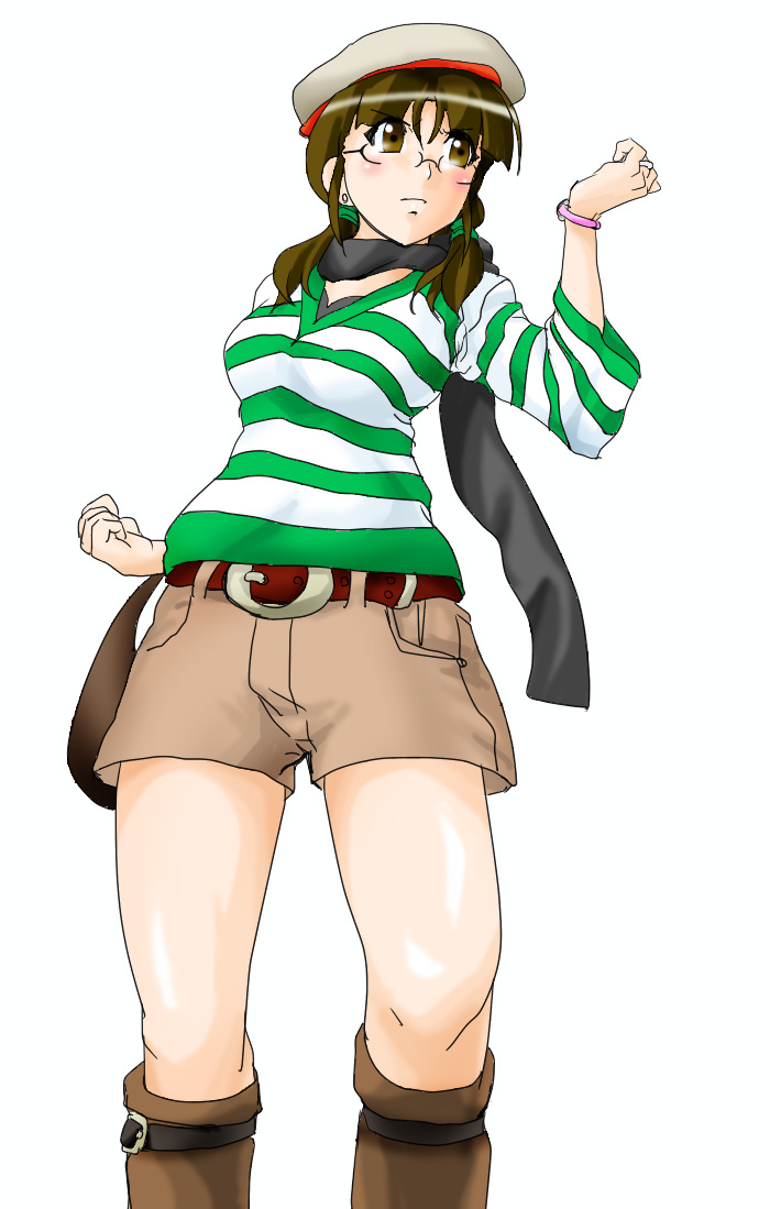 red p (redfrogsplash), akizuki ritsuko, idolmaster, idolmaster (classic), idolmaster 1, >:), 00s, 1girl, belt, belt buckle, beret, black scarf, blush, boots, bracelet, breasts, brown boots, brown hair, brown shorts, buckle, closed mouth, cowboy shot, earrings, female focus, from below, glasses, grey hat, hair tie, hat, jewelry, knee boots, long hair, long sleeves, looking to the side, low twintails, medium breasts, scarf, shorts, simple background, solo, standing, stud earrings, twintails, v-shaped eyebrows, white background