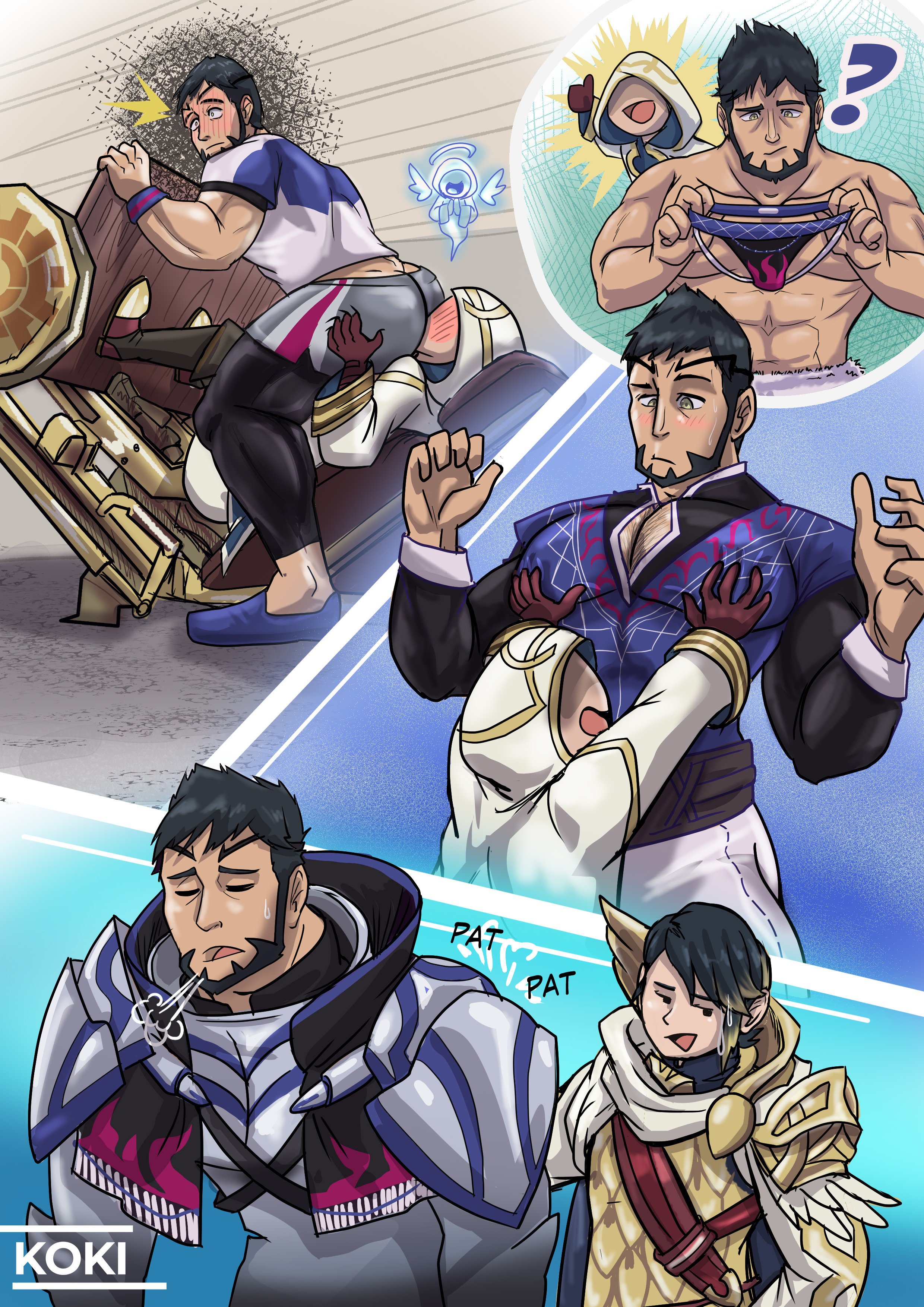 alfonse (fire emblem), kiran (fire emblem), mauvier (fire emblem), fire emblem, fire emblem engage, fire emblem heroes, nintendo, absurdres, commentary, english commentary, highres, 1other, 2boys, ?, abs, armor, bara, beard, black hair, blush, chest hair, face in ass, facial hair, grabbing another's pectorals, holding, holding underwear, holding unworn clothes, hood, hooded coat, jockstrap, kokigasco, large pectorals, male focus, male underwear, meme, multiple boys, multiple views, muscular, muscular male, pectoral cleavage, pectorals, short hair, the world needs more heroes (meme), training outfit (fire emblem engage), underwear