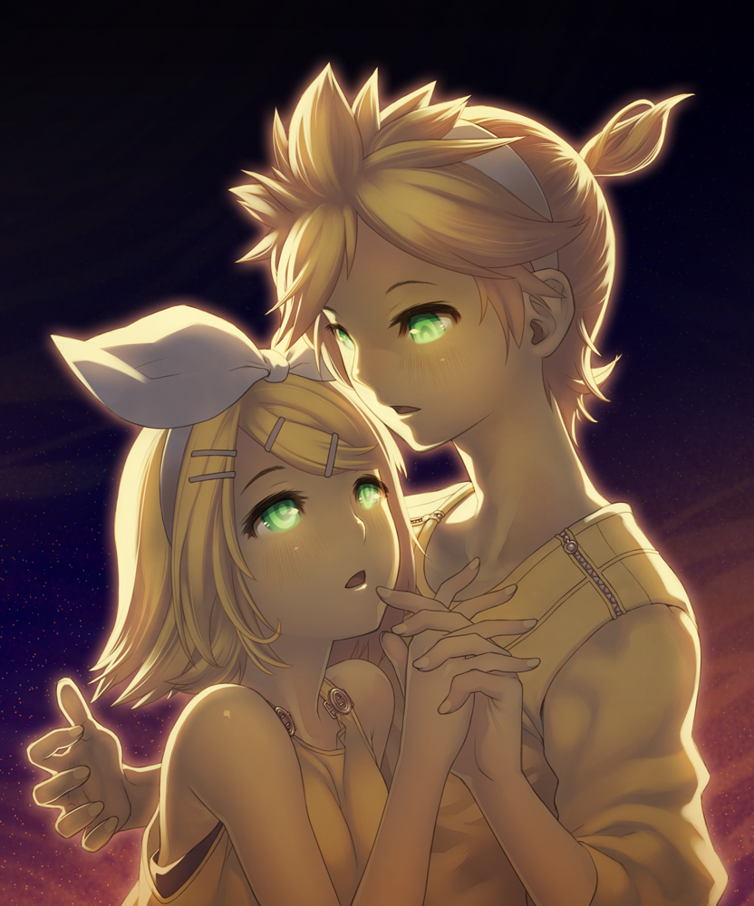 kunieda, kagamine len, kagamine rin, vocaloid, 1boy, 1girl, backlighting, bare shoulders, blonde hair, blush, brother and sister, eye contact, glowing, glowing eyes, green eyes, hetero, holding hands, looking at another, ponytail, short hair, siblings, star (symbol), twins