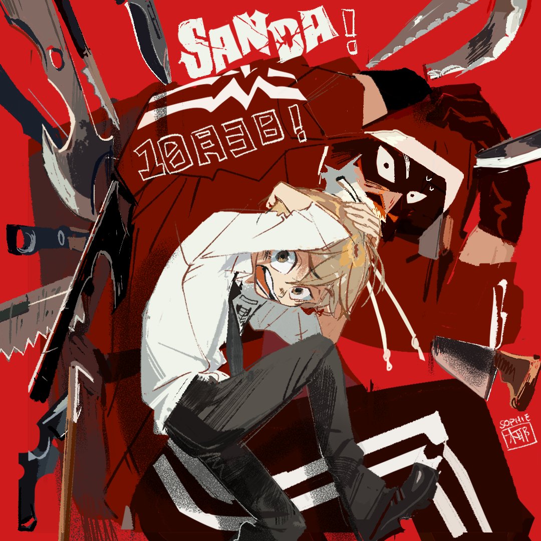 sophieli, sanda (itagaki paru), official art, promotional art, second-party source, black boots, black pants, blonde hair, boots, cloak, dated commentary, dodging, hood, hoodie, necktie, pants, red cloak, red hood, red hoodie, sanda kazushige, santa claus (sanda), school uniform, science saru, shirt, white beard, white shirt