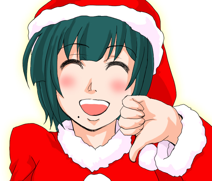 red p (redfrogsplash), otonashi kotori, idolmaster, idolmaster (classic), idolmaster 1, 00s, 1girl, christmas, female focus, gradient background, green hair, mole, mole under mouth, santa costume, smile, solo, thumbs down