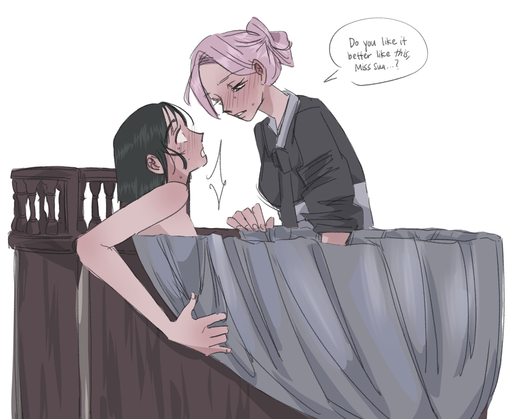 mizi (alien stage), sua (alien stage), alien stage, the handmaiden (movie), commentary, hashtag-only commentary, highres, 2girls, b4ekhap, bath, black dress, black hair, blush, clothed female nude female, dress, ear blush, english text, hair bun, implied fingering, looking at another, maid, multiple girls, nude, parted lips, pink hair, simple background, sleeves rolled up, speech bubble, sweat, white background, yuri