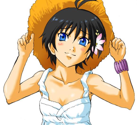 red p (redfrogsplash), kikuchi makoto, idolmaster, idolmaster (classic), idolmaster 1, 00s, 1girl, antenna hair, blue eyes, female focus, simple background, solo