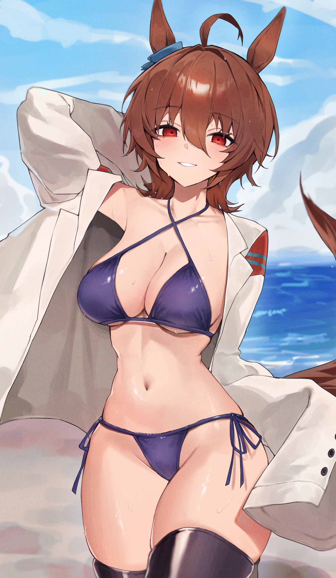 leste (humansequencer), agnes tachyon (umamusume), umamusume, highres, 1girl, ahoge, animal ears, bikini, black thighhighs, blue sky, blush, breasts, brown hair, cleavage, cloud, coat, collarbone, ear ornament, grin, hair between eyes, horse ears, horse girl, horse tail, lab coat, large breasts, long sleeves, looking at viewer, medium hair, ocean, open mouth, outdoors, parted lips, purple bikini, red eyes, sky, sleeves past fingers, sleeves past wrists, smile, solo, sweat, swimsuit, tail, thighhighs, water, white coat