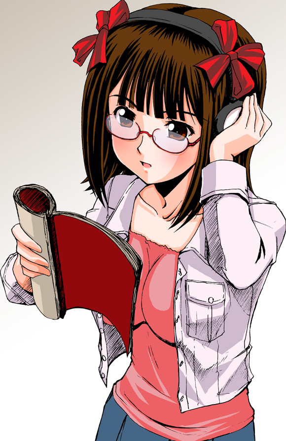 rikumoto yoshiyuki, amami haruka, idolmaster, idolmaster (classic), idolmaster 1, 00s, 1girl, :o, blue skirt, blunt bangs, blush, book, bow, breast pocket, breasts, brown eyes, brown hair, collarbone, female focus, glasses, gradient background, grey background, grey jacket, hair bow, headphones, holding, holding book, jacket, long sleeves, medium breasts, open book, open clothes, open jacket, pocket, reading, red-framed eyewear, red bow, semi-rimless eyewear, simple background, skirt, solo, under-rim eyewear, upper body