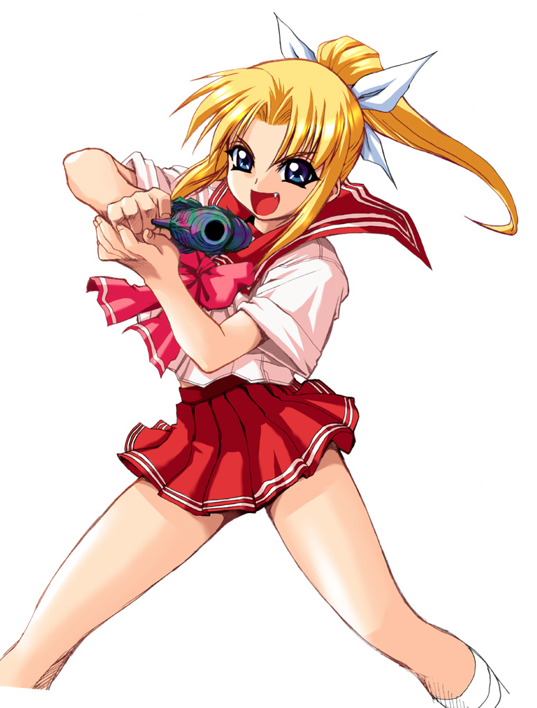 miyauchi lemmy, to heart, to heart (series), non-web source, blonde hair, blue eyes, fang, gun, long hair, ponytail, school uniform, solo, weapon