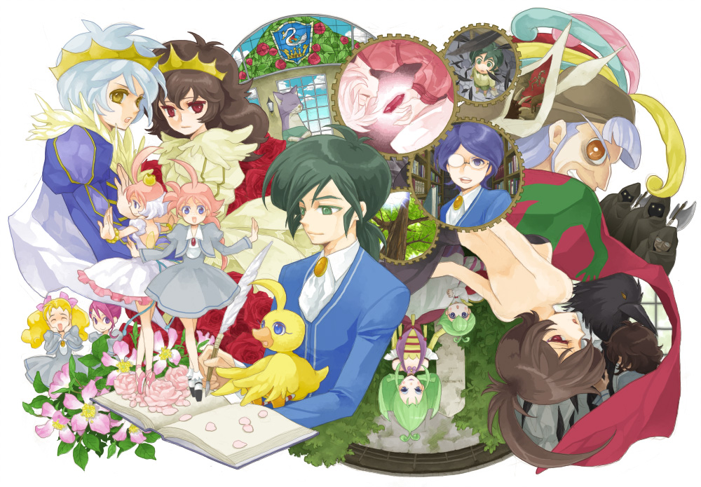 ogura (pixiv97931), ahiru (duck) (princess tutu), ahiru (princess tutu), aotoa, autor (princess tutu), crow mytho, drosselmeyer (princess tutu), edel, edel (princess tutu), fakir (princess tutu), lilie (princess tutu), mytho (princess tutu), mythos, neko-sensei, pike (princess tutu), princess kraehe, princess tutu (character), rue (princess tutu), siegfried (princess tutu), uzura, uzura (princess tutu), princess tutu, spoilers, 00s, 6+boys, 6+girls, :o, aged down, ahoge, alternate form, axe, ballerina, ballet, ballet slippers, bare back, bird, black hair, blonde hair, blue hair, blush stickers, bobby socks, book, bow, cat, cloak, closed eyes, crow, crown, dress, dual persona, duck, everyone, feathers, flower, footwear ribbon, freckles, gears, glasses, grin, hair bow, hat, looking back, multiple boys, multiple girls, multiple persona, open mouth, petals, pink hair, quill, red eyes, school uniform, smile, socks, stained glass, tree, tutu, twintails, weapon, white hair, yellow eyes