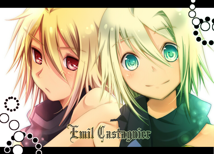 kokuro, emil castagnier, tales of (series), tales of symphonia, tales of symphonia: dawn of the new world, bad id, bad pixiv id, 00s, 2boys, ahoge, blonde hair, character name, dual persona, green eyes, male focus, multiple boys, red eyes, scarf, white background