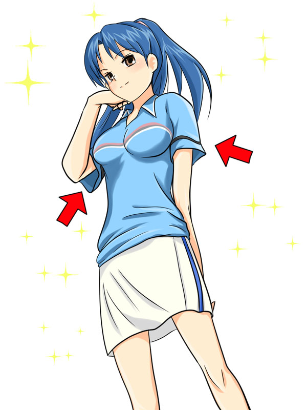 neokir, kisaragi chihaya, idolmaster, idolmaster (classic), 00s, 1girl, blue hair, breasts, female focus, ponytail, simple background, solo