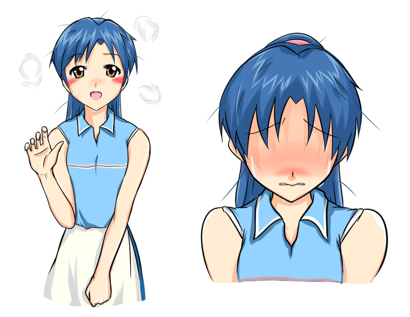 neokir, kisaragi chihaya, idolmaster, idolmaster (classic), 00s, 1girl, blue hair, blush, female focus, flat chest, ponytail, simple background, solo