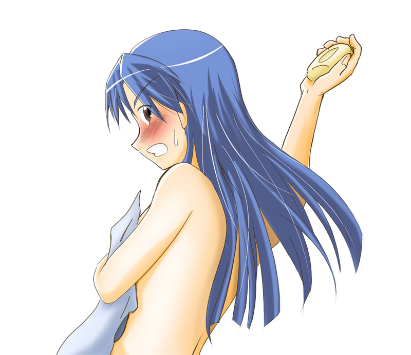 neokir, kisaragi chihaya, idolmaster, idolmaster (classic), idolmaster 1, 00s, 1girl, back, blue hair, blush, brown eyes, clenched teeth, covering privates, embarrassed, female focus, from side, furrowed brow, holding, long hair, looking at viewer, looking to the side, nude cover, open mouth, pov, profile, simple background, soap, solo, teeth, towel, white background