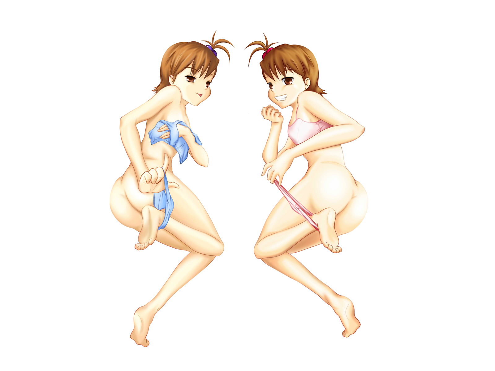 neokir, futami ami, futami mami, idolmaster, idolmaster (classic), idolmaster 1, highres, 00s, 2girls, ass, barefoot, butt crack, hair bobbles, hair ornament, multiple girls, panties, panties around leg, siblings, sisters, twins, underwear, undressing