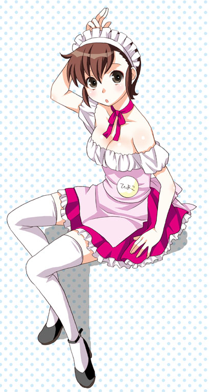 mattaku mousuke, original, asymmetrical bangs, black thighhighs, breasts, brown hair, cleavage, full body, short hair, simple background, solo, thighhighs, waitress, white thighhighs, zettai ryouiki