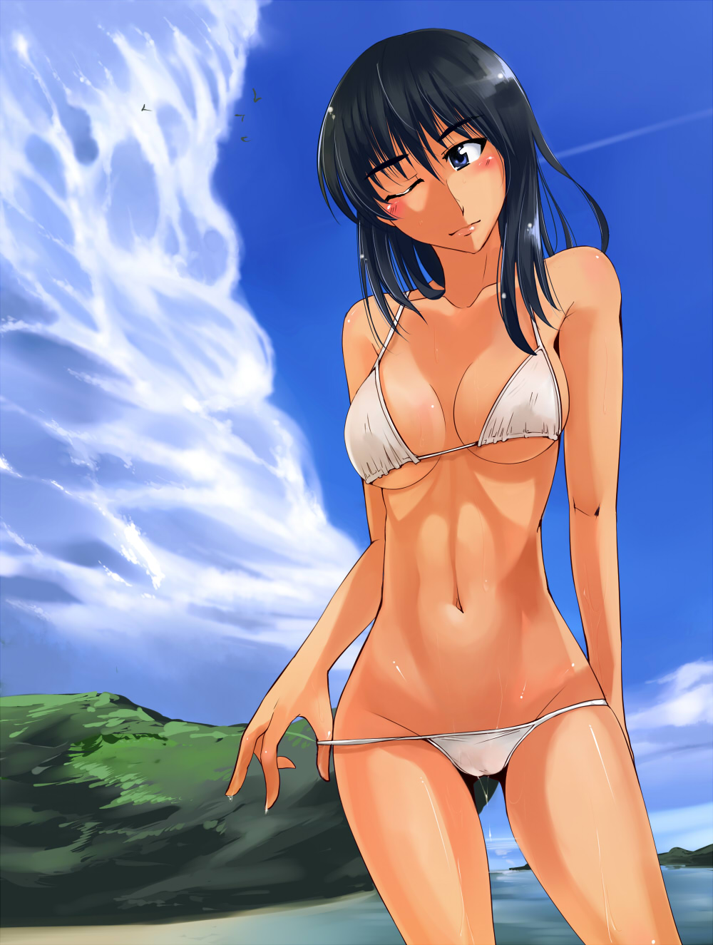cosaten, suou mikoto (school rumble), school rumble, highres, 00s, 1girl, bikini, black hair, blue eyes, blush, breasts, cleavage, day, female focus, lowleg, lowleg bikini, medium breasts, narrow waist, one eye closed, skinny, slender, solo, swimsuit, underboob, water, wet, white bikini, wink